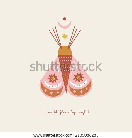 Bohemian whimsical moth with half moon and stars wings vector illustration. Day and night butterfly childish print with phrase for baby fashion and Scandinavian style nursery.