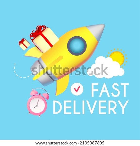 Fast delivery concept with speed rocket and boxes with bow isolated on blue background