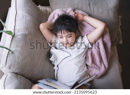 Happy School kid lying on sofa reading a book with morning light shining from window. Top view Child boy reading story relaxing at home on weekend, Positive children concept
