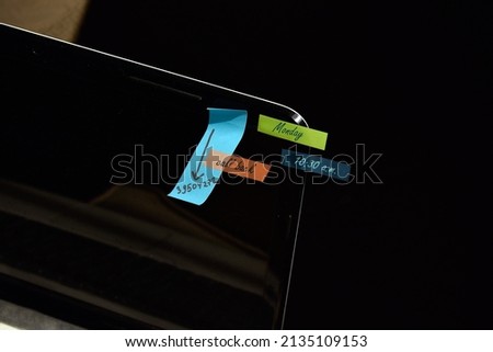 Sticky notes on the laptop monitor