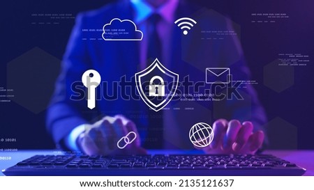 Metaverse VPN cybersecurity cybercrime internet scam, businessman crypto currency investment digital network technology computer virus attack risk protection, identity privacy data hacking Royalty-Free Stock Photo #2135121637