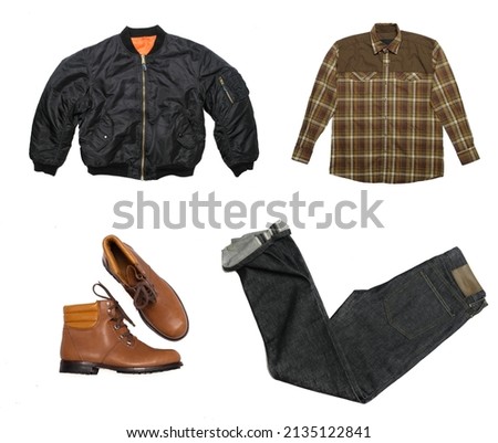 Set of fashionable men's autumn clothes and on a white background