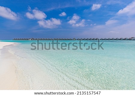 Amazing tropical Maldives resort hotel and island with beach sand and sea on sky for holiday vacation background concept. Soft sunrise light, palm tree leaves relax summer vacation travel landscape