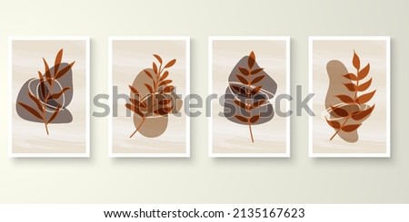 Set of minimal natural wall art in white frames. 
Foliage line art drawing with abstract shape composition earth tone. Art vector illustration.