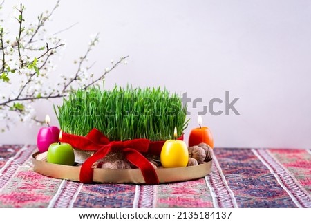 Beautiful Novruz tray with semeni - wheat grass, pakhlava, shekerbura and blooming branch for Spring equinox and new year celebration in Baku.