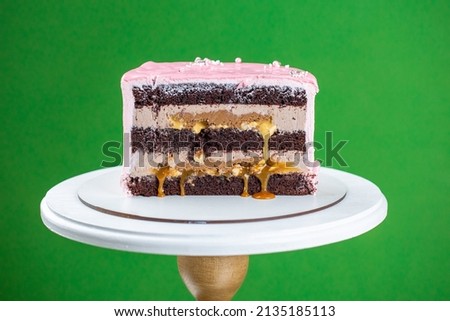 Pink cream cheese cake Slice with chocolate chip gouges decorated with meringues and isomalt lollipops. Beautiful delicious birthday cake on the green background. Picture for a menu