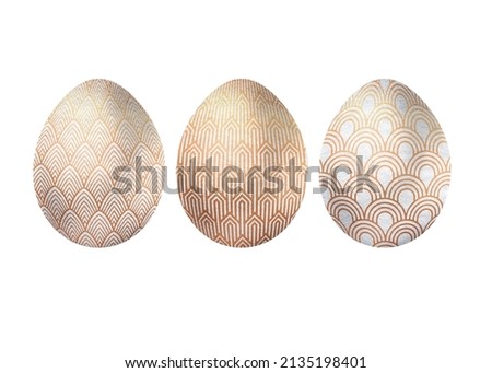 Fantastic eggs and where to find them. Easter Art Deco clip art with abstract gold and silver pattern. Set on white background