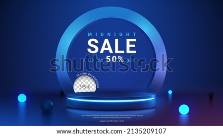 Cylinder podium with blue neon lights on ring background. Concept of design for product display. Layout horizontal, Vector illustration Royalty-Free Stock Photo #2135209107