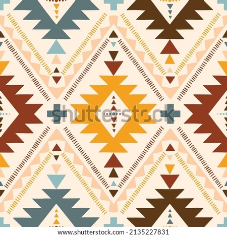 Hand Drawn Earthy Tones Tribal Vector Seamless Pattern. Navajo Graphic Print. Aztec Geometric Background. Ethnic Boho Eye Dazzler Design perfect for Textiles, Fabric Royalty-Free Stock Photo #2135227831