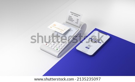 Payment terminal, credit card and smartphone with QR-code on screen. Digital global transfer concept. POS terminal and debit card icons. Cashless society. Clipping path. 3D render.
