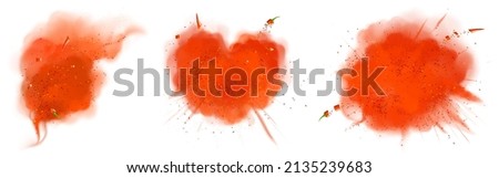 Splashes of red pepper powder and cut pieces. Vector realistic illustration with explosion of ground paprika and chilli pepper seasoning. Set of hot dried spice scatter Royalty-Free Stock Photo #2135239683