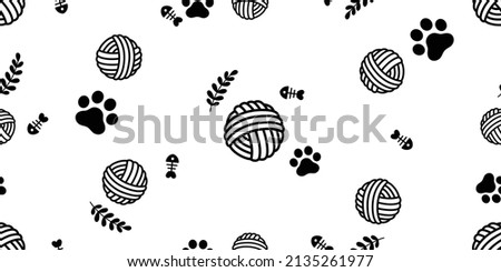 yarn ball seamless pattern dog paw cat footprint leaf fish bone french bulldog vector puppy kitten pet breed cartoon doodle repeat wallpaper tile background illustration design isolated