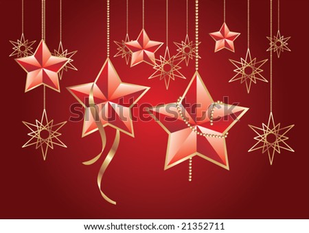 beautiful star ornaments hanging on red background
