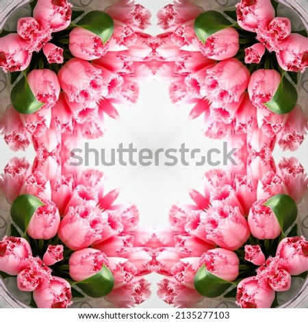 abstract background of flower pattern of a kaleidoscope. pink green white background fractal mandala. square kaleidoscopic arabesque. geometrical ornament floral pattern with tulip flowers