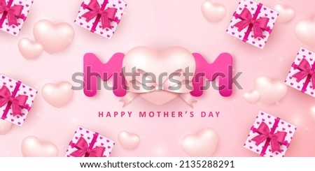 Happy mother's day girlish pink 3D love heart and present gift box with ribbon flower