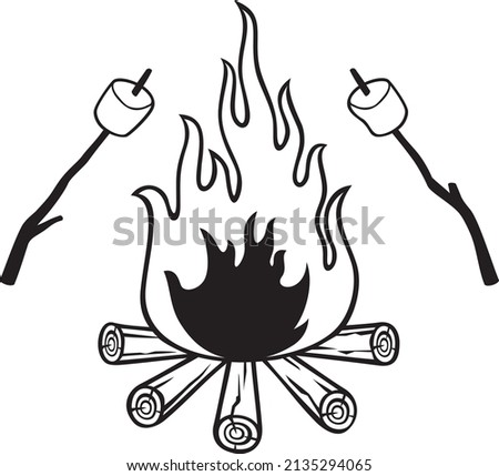 Campfire and Marshmallow on a stick. Vector illustration.