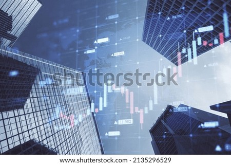 Abstract growing forex chart on blurry city backdrop. Economy, up, growth and finance concept. Double exposure