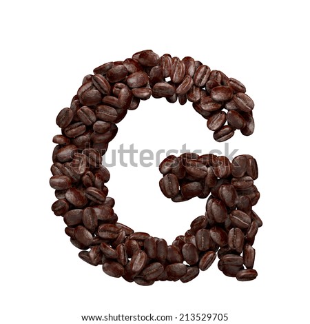 Letter G. Alphabet from coffee beans isolated on white.