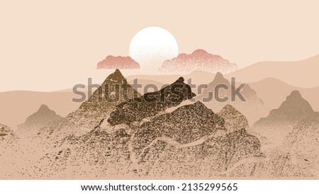 Mountain silhouettes with sun. Peaks in sunset. Brush strokes. Fog over mountain landscape . Summit and sunset logo .Vector