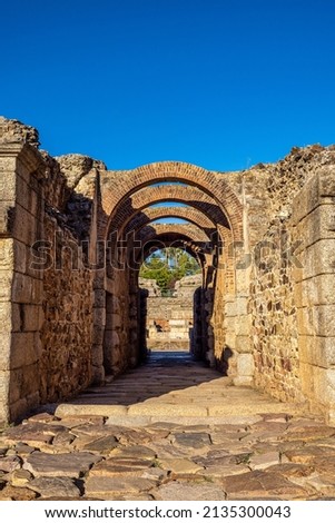 Roman Amphitheatre in Merida, Augusta Emerita in Extremadura, Spain. Roman City - Temples, Theatres, Monuments, Sculptures and Arenas Royalty-Free Stock Photo #2135300043