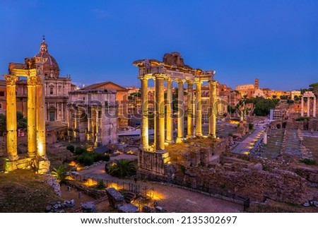 Nighfall at the ruins of ancient Roman Forum in city of Rome in Italy.  Royalty-Free Stock Photo #2135302697