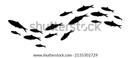 School of fish. Silhouette of group of sea fishes. Colony of small fish. Vector