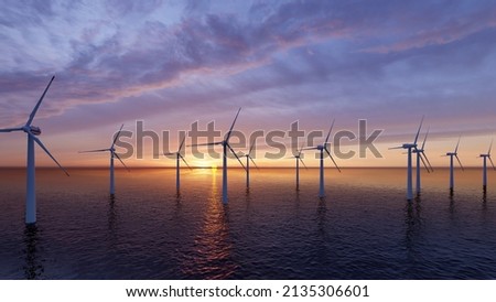Offshore Wind Turbines Farm at sunset. Royalty-Free Stock Photo #2135306601