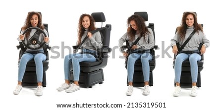 Set of African-American woman in car seat isolated on white  Royalty-Free Stock Photo #2135319501