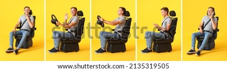Set of man in car seat on yellow background Royalty-Free Stock Photo #2135319505
