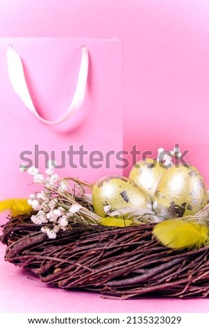 a nest with Easter eggs and feathers next to a gift paper bag. The concept of ecology sales and discounts for the bright Easter holiday