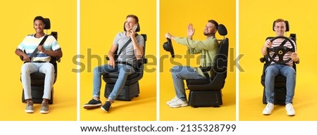 Set of men in car seat on yellow background Royalty-Free Stock Photo #2135328799