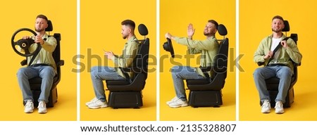 Set of man in car seat on yellow background Royalty-Free Stock Photo #2135328807