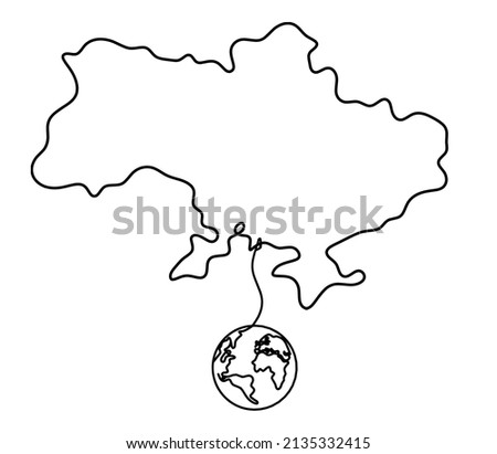 Map of Ukraine with globe as line drawing on white background. Vector