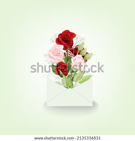 Happy Valentines or Mothers day red and pink roses bouquet in the mail on light green smoothed gradient mesh background. Vector hand drawn design card for holiday invitations, greeting, quotes, blogs