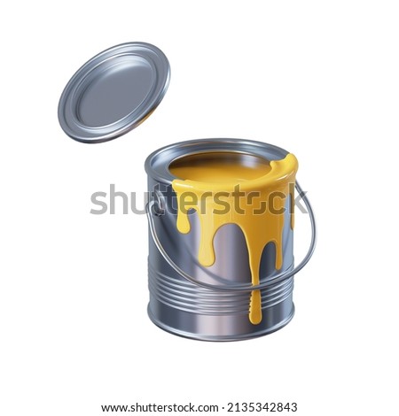 3d rendering, opened metal bucket with yellow paint isolated on white background, construction clip art