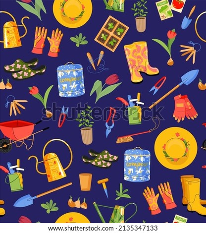 Spring gardening tools and clothes vector seamless pattern. Cute flat style icon garden equipment and flowers on blue background. Repeated background for wrapping, textile or web