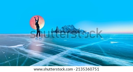 A young girl is skating on the transparent ice of the frozen Lake Baikal -Granite rock with steep slopes rises above a frozen lake  "Elements of this image furnished by NASA "