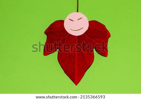 red leaf with an evil head, creative art ghost concept, copy space on a green background