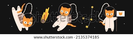 Vector set with cute cats in space. Cat astronauts in flat design. Funny animals flying in the galaxy. Cat in space puts a flag. Constellation and comet. Royalty-Free Stock Photo #2135374185