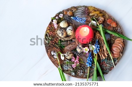 abstract marble background with witch Altar for esoteric Ritual. Ostara it's name of pagan holiday. close up. shallow depth. artistic grunge noise filter. soft selective focus. top view Royalty-Free Stock Photo #2135375771