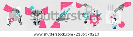 Contemporary art collage. Employees working together on business project, making profitable strategy. Concept of business, success, career growth, cooperation, assistance, working conditions and ad. Royalty-Free Stock Photo #2135378213