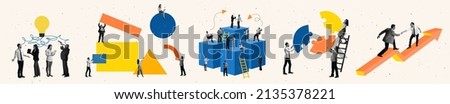 Collage. Creative design. Office workers, well-coordinated team working together on developing new successful projects. Generating ideas and strategy. Concept of business, teamwork, promotion Royalty-Free Stock Photo #2135378221
