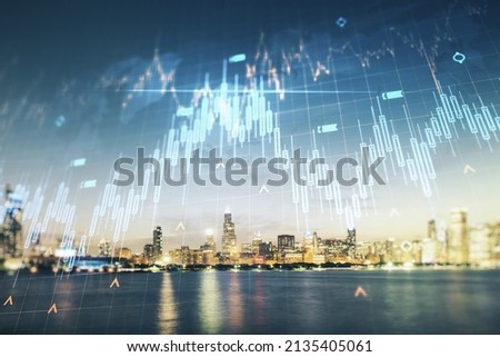 Double exposure of abstract creative financial diagram and world map on Chicago office buildings background, banking and accounting concept
