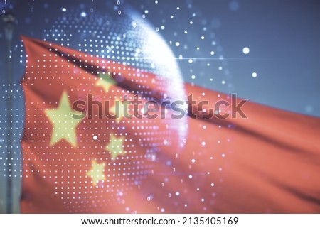 Multi exposure of abstract graphic world map on Chinese flag and sunset sky background, big data and networking concept