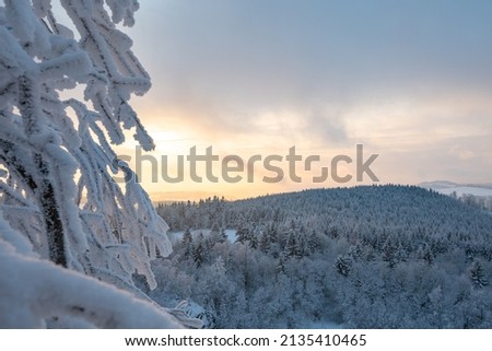 Amazing winter landscape, sunset with frozen trees. Winter nature of Orlicke hory mountains, Czech republic