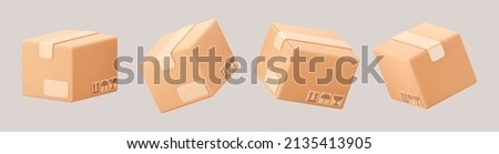 3D cardboard closed box icon set with symbols isolated on gray background. Render delivery cargo box with fragile care sign symbol, handling with care, protection from water rain. 3d realistic vector Royalty-Free Stock Photo #2135413905