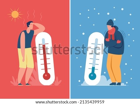 Male character in hot and cold weather with outdoor thermometer. Person sweating or freezing, summer vs winter season vector illustration. Extreme weather conditions, outside temperature Royalty-Free Stock Photo #2135439959