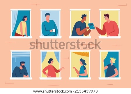 Neighbors in windows, good neighborhood, people looking out window. Friendly apartment neighbours talking to each other vector illustration. Friends communicating, discussing book, drinking coffee Royalty-Free Stock Photo #2135439973