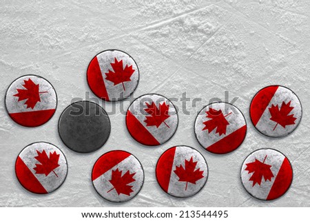 Washers lying on a hockey rink. Texture, background 