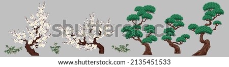 Set of Chinese painting elements, vector pine trees and plum blossom, bamboo bushes